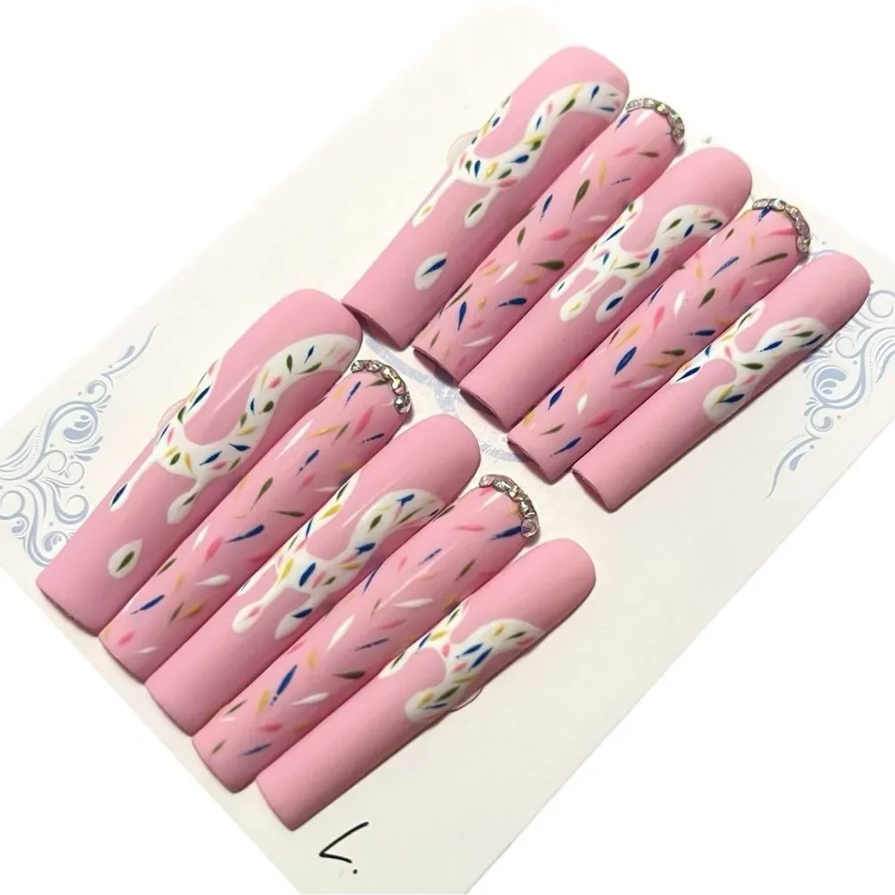 Handmade Pink Rhinestones Sprinkle Extra Long Press-On Nails Size L